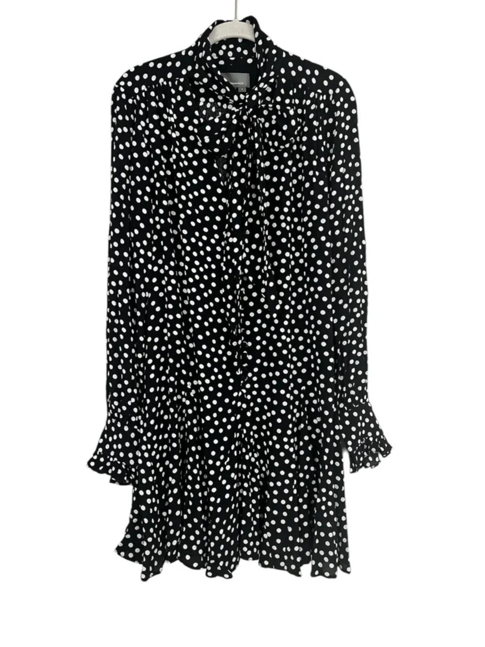 Anthropologie Polka Dot Tie-Neck Swing Mini Dress Black White S Ruffle Chic